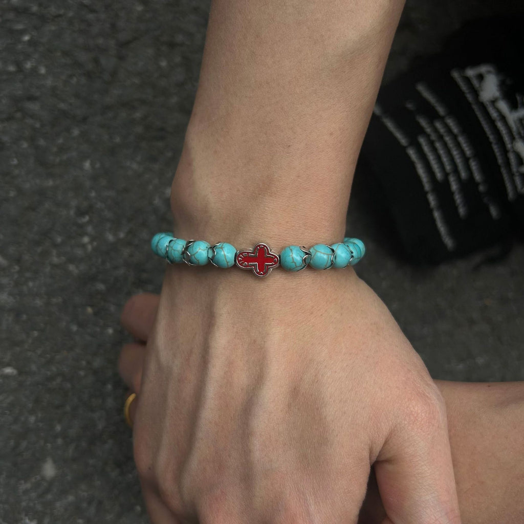 Turquoise Cross Protection Bracelet - Stretchable Natural Stone Beads Bracelet for Men & Women