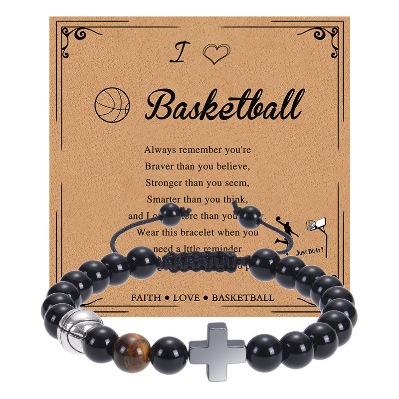 Men's Sports Bracelet with Tiger Eye - Adjustable Black Bead String Bracelet for Basketball Soccer Tennis Players, Gift for Him