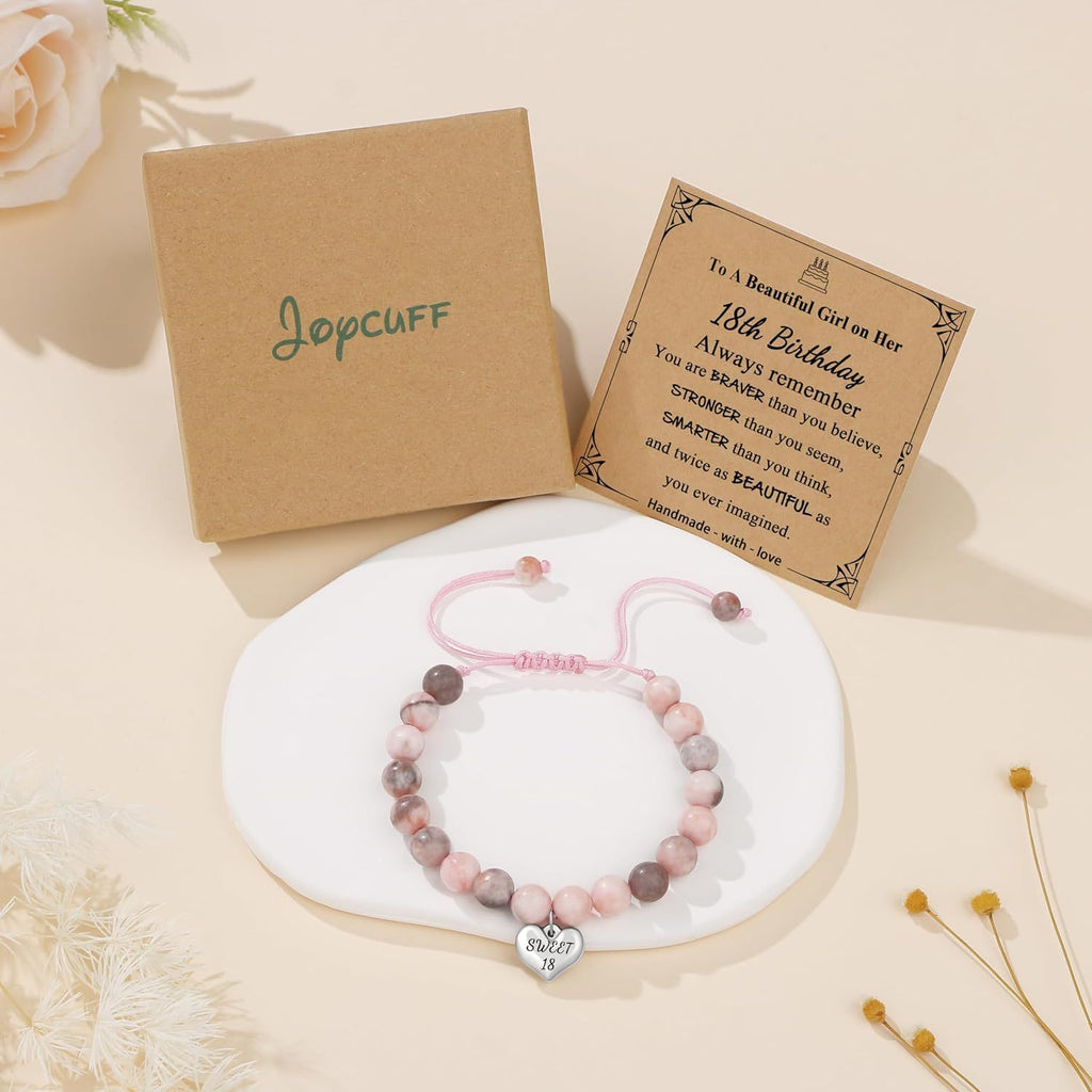 Sweet 18 Birthday Bracelet for Daughter - Personalized Heart Pink Zebra Stone adjustable Gift for 18th Birthday