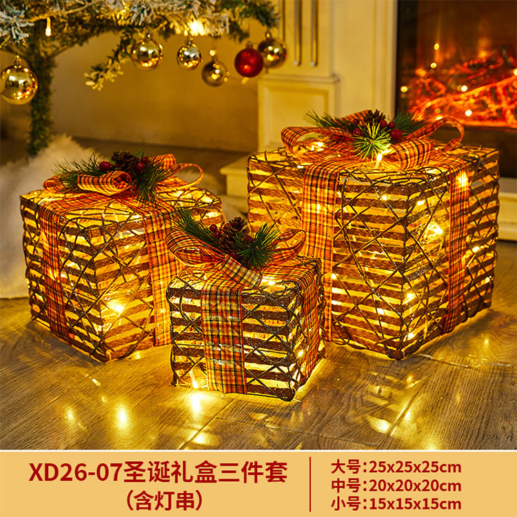 Christmas Decoration Iron Art Gift Box with Lights, Three-Piece Set Gift Box for Under the Christmas Tree Decoration
