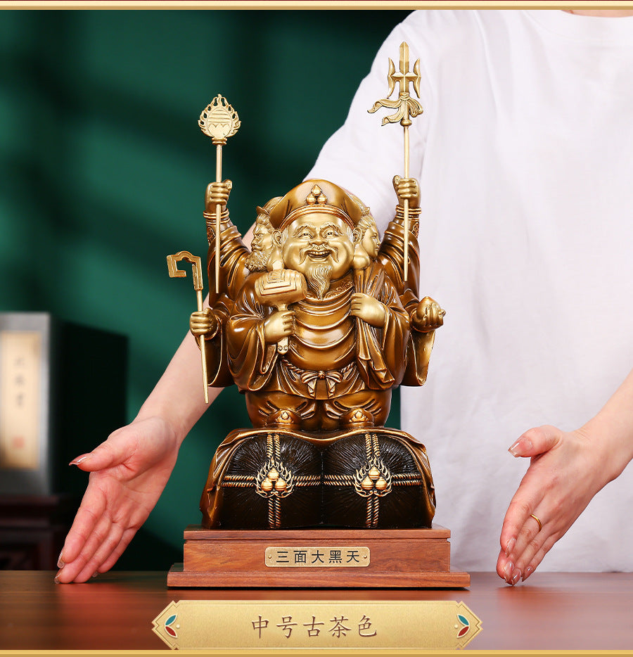 Brass Color-Cut Gold Large Three-Sided Black Heavenly God of Wealth Bronze Statue Home Decoration Craft Ornament