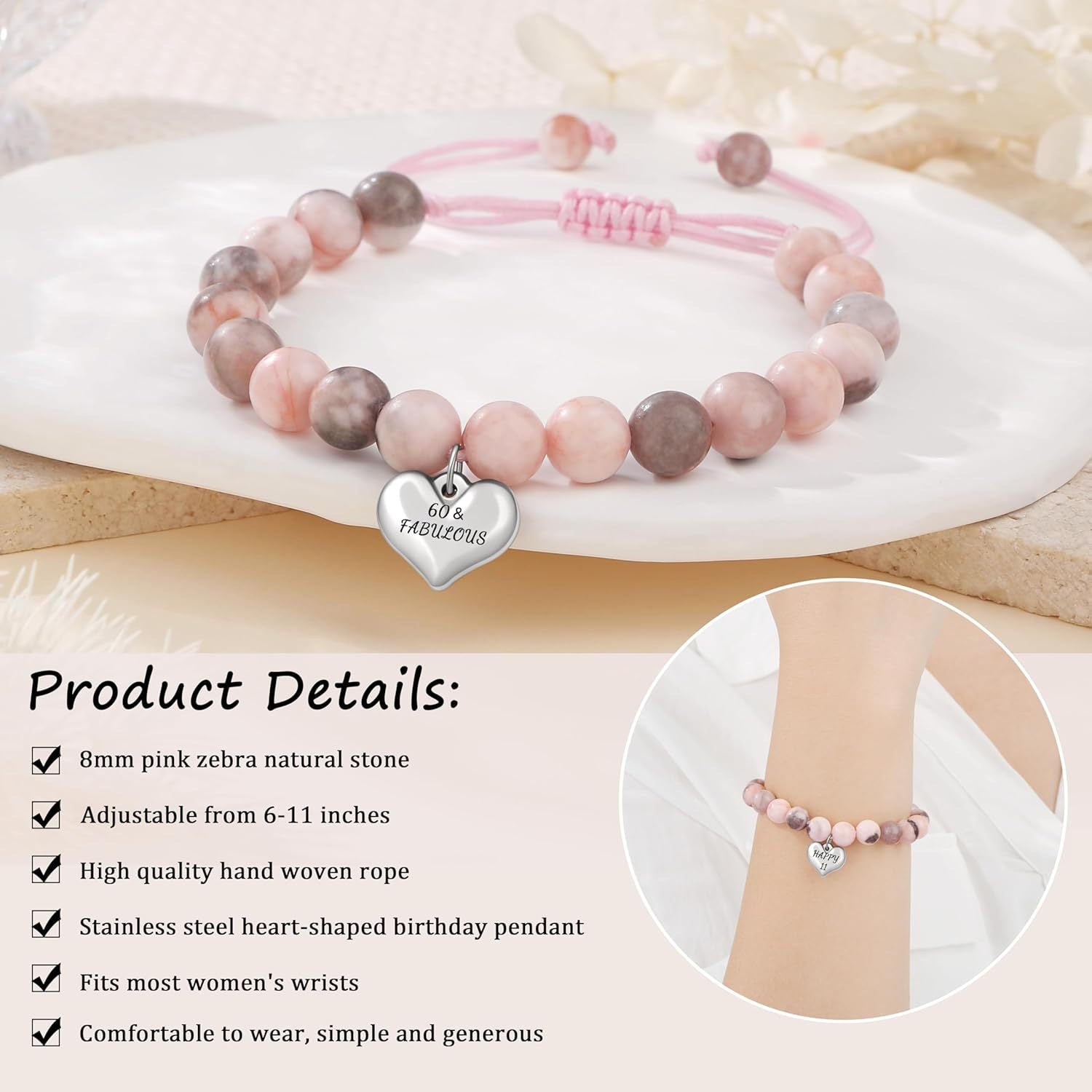 Sweet 18 Birthday Bracelet for Daughter - Personalized Heart Pink Zebra Stone adjustable Gift for 18th Birthday