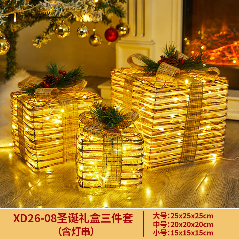 Christmas Decoration Iron Art Gift Box with Lights, Three-Piece Set Gift Box for Under the Christmas Tree Decoration