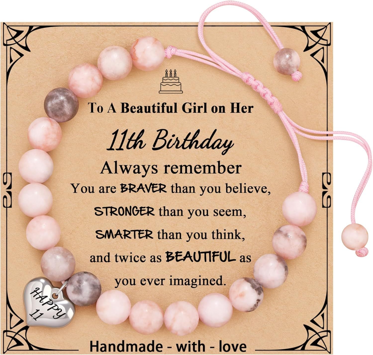 Sweet 18 Birthday Bracelet for Daughter - Personalized Heart Pink Zebra Stone adjustable Gift for 18th Birthday