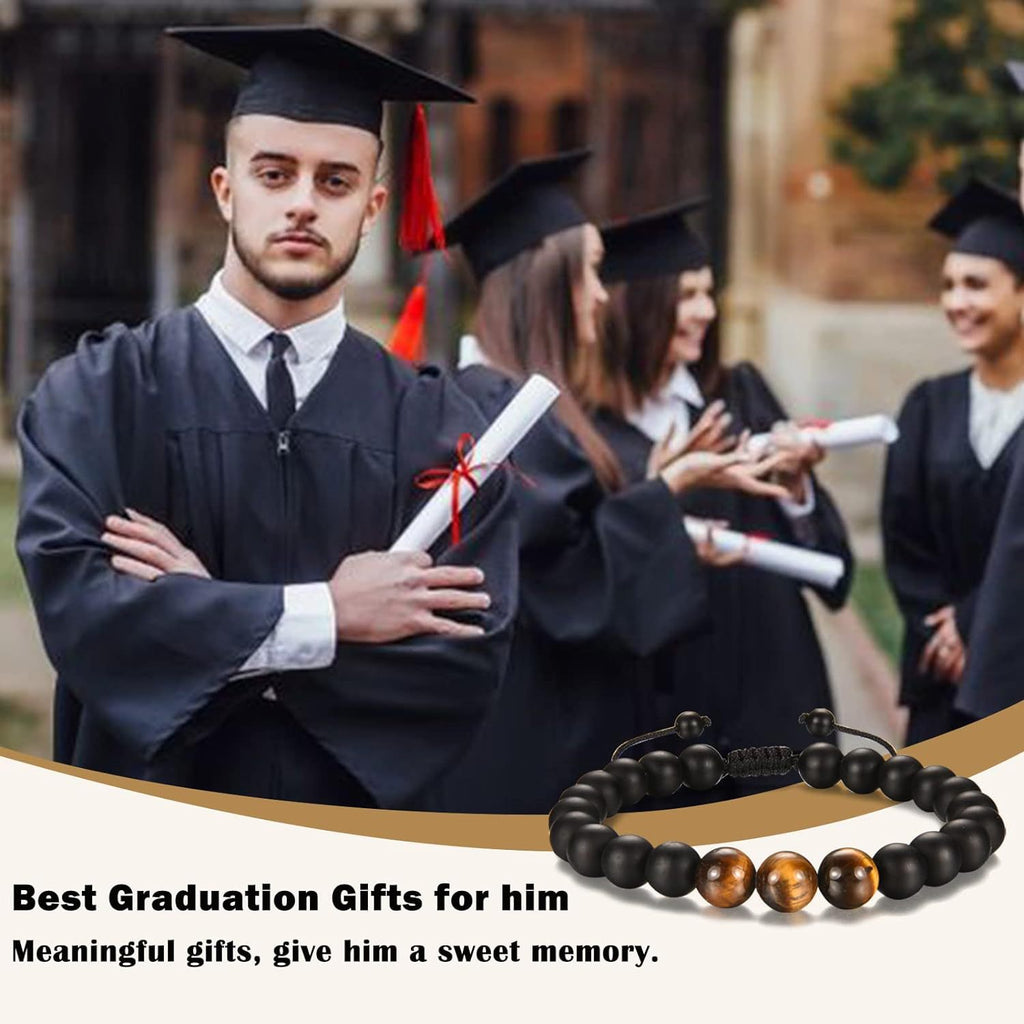 The Adventure Begins" Graduation Bracelet for Men - Tiger's Eye & Lava Stone Bead Bracelet, Gift for Grads