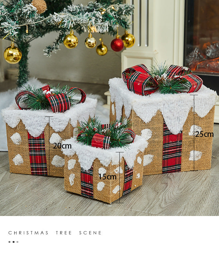 Christmas Decoration Iron Art Gift Box with Lights, Three-Piece Set Gift Box for Under the Christmas Tree Decoration