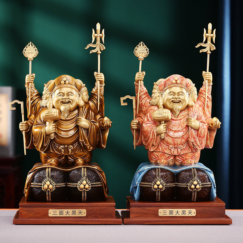 Brass Color-Cut Gold Large Three-Sided Black Heavenly God of Wealth Bronze Statue Home Decoration Craft Ornament