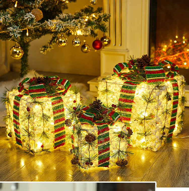 Christmas Decoration Iron Art Gift Box with Lights, Three-Piece Set Gift Box for Under the Christmas Tree Decoration