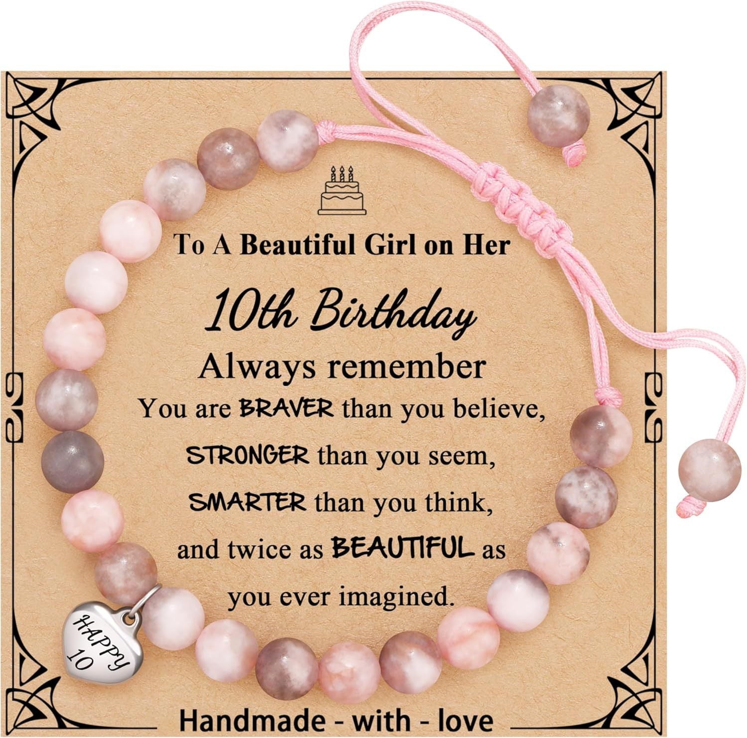 Sweet 18 Birthday Bracelet for Daughter - Personalized Heart Pink Zebra Stone adjustable Gift for 18th Birthday