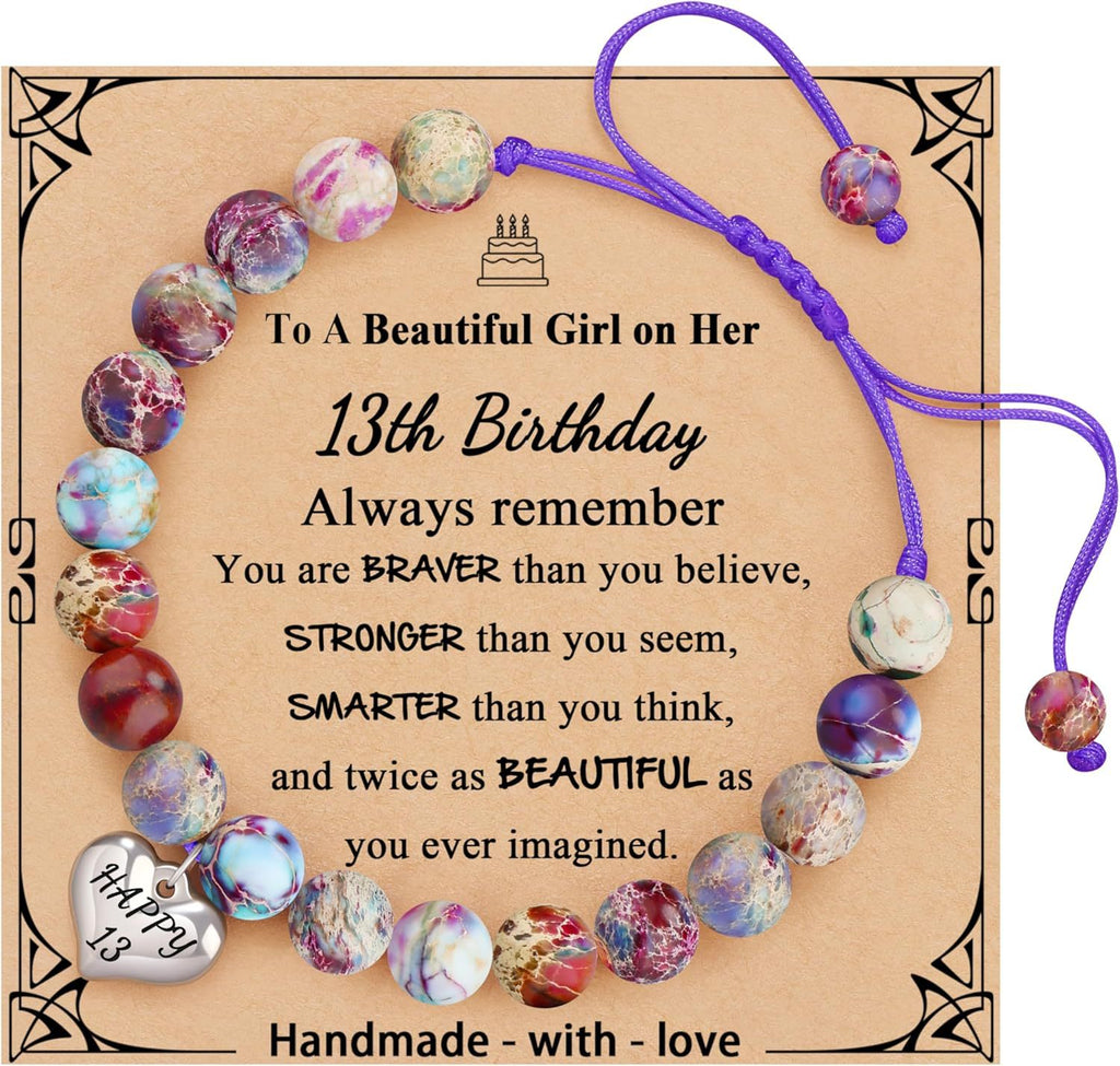 Sweet 18 Birthday Bracelet for Daughter - Personalized Heart Pink Zebra Stone adjustable Gift for 18th Birthday