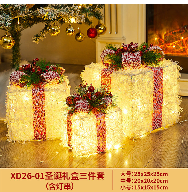 Christmas Decoration Iron Art Gift Box with Lights, Three-Piece Set Gift Box for Under the Christmas Tree Decoration