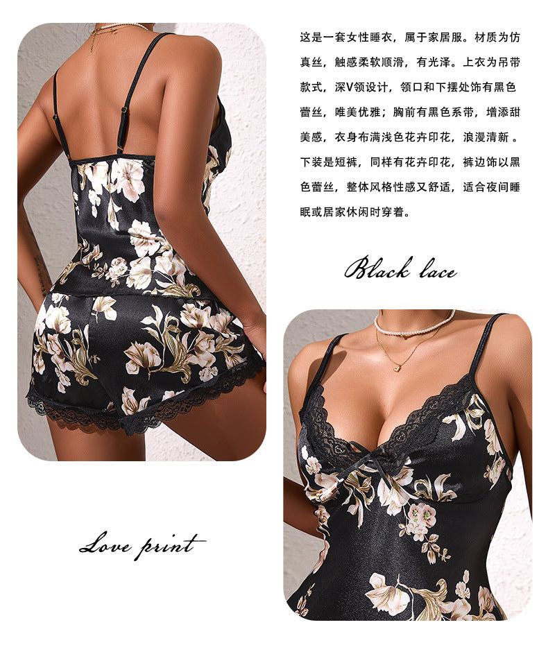 New Style Ice Silk Printed Breathable Thin Shorts Women's Loungewear Faux Silk Camisole Top Sexy Pajamas488