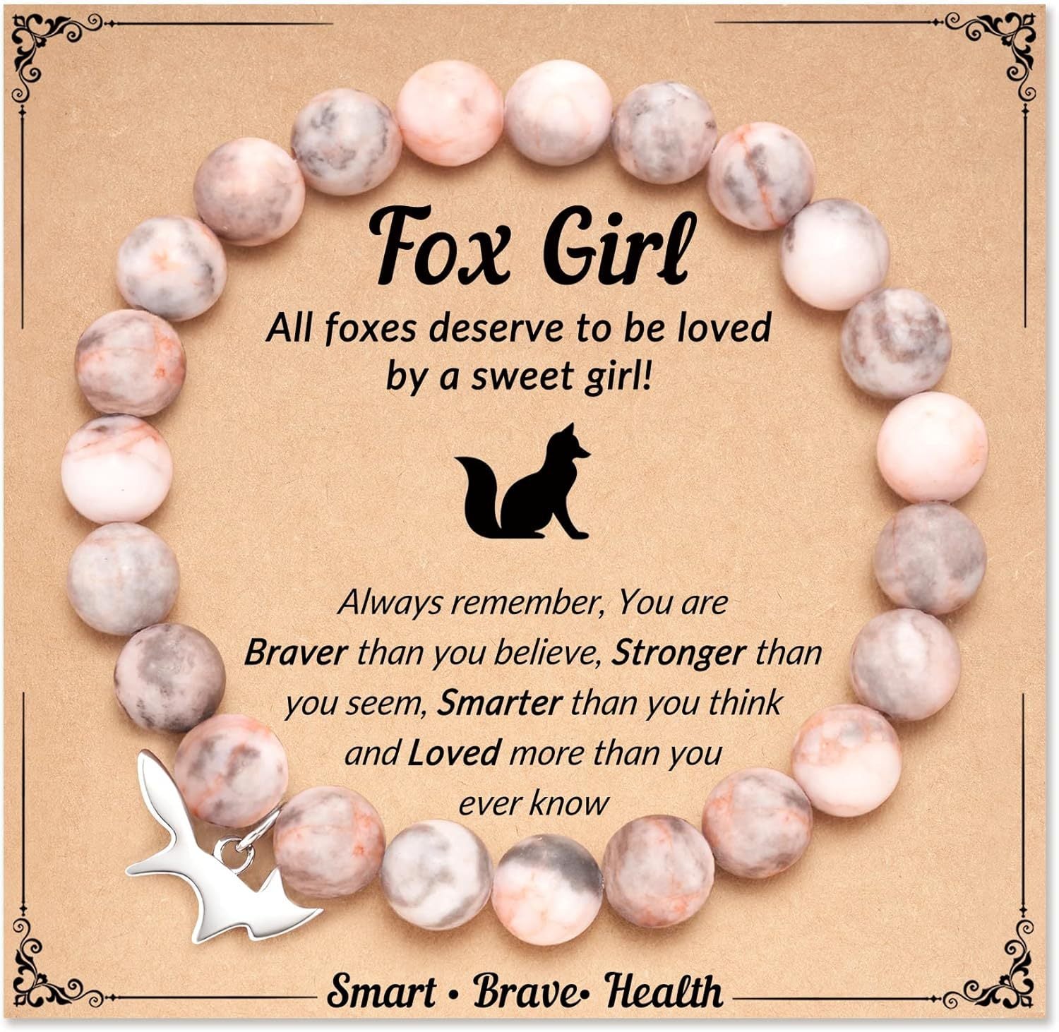 Fox Girl Charm Bracelet - Green Chrysoprase & Pink Zebra Stone Beaded Bracelet, Talisman for the Brave & Sweet