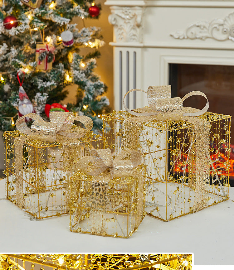 Christmas Decoration Glowing Gift Box Under the Christmas Tree Star Hollow Iron Art Gift Box Window Display Gift Box Ornament