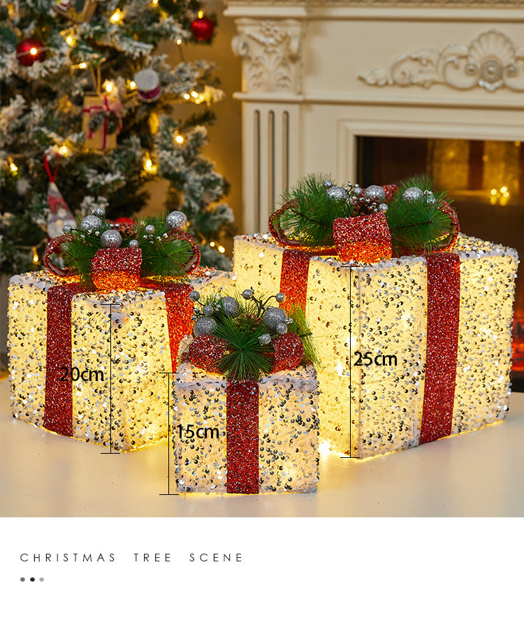 Christmas Decoration Iron Art Lighted Gift Box Window Display Glowing Gift Box Three-Piece Set Christmas Tree Decoration Ornament