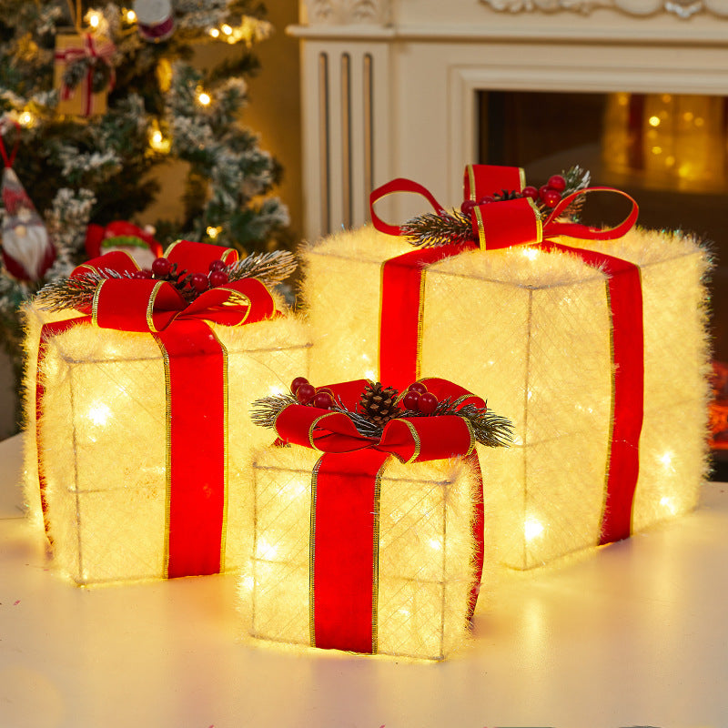 Christmas Decoration Iron Art Lighted Gift Box Window Display Glowing Gift Box Three-Piece Set Christmas Tree Decoration Ornament