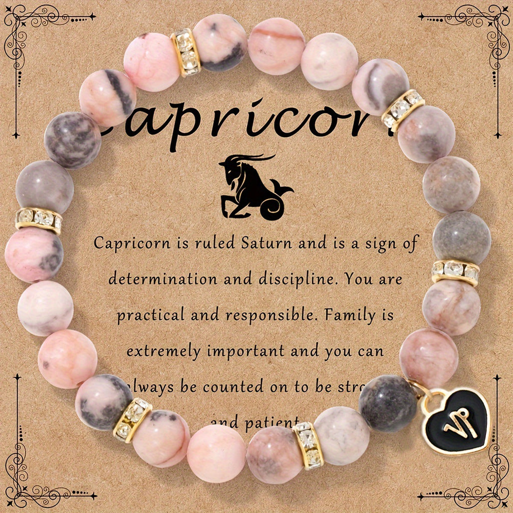 Capricorn Zodiac Bracelet - Genuine Pink Zebra Stone Birthstone Bracelet for Women, Personalized Astrology Gift