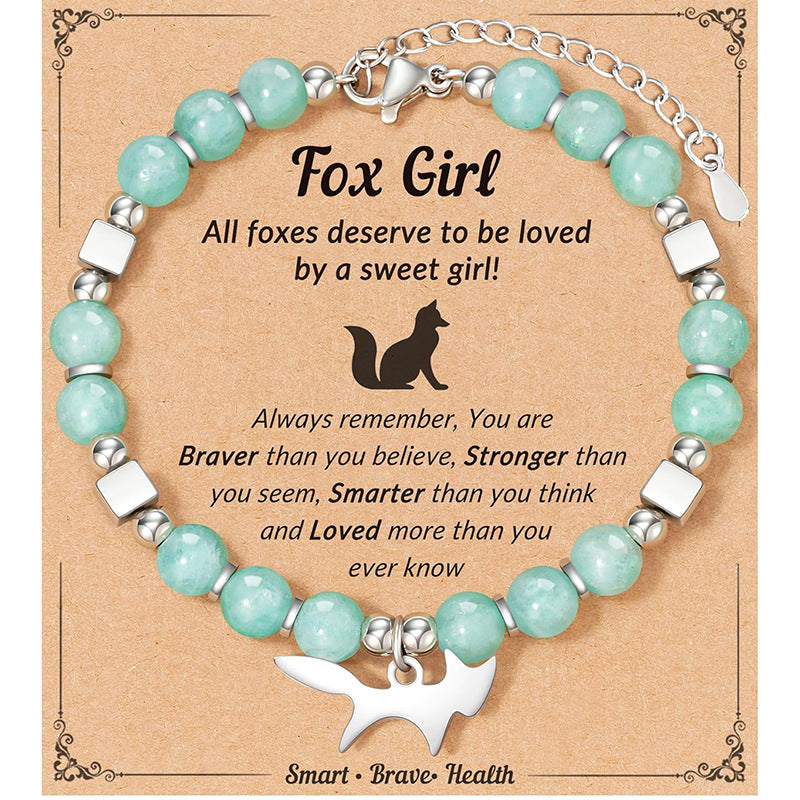 Fox Girl Charm Bracelet - Green Chrysoprase & Pink Zebra Stone Beaded Bracelet, Talisman for the Brave & Sweet
