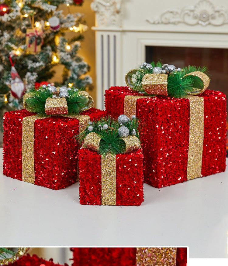 Christmas Decoration Iron Art Sequin Gift Box Glowing Under Christmas Tree Gift Box Three-Piece Set Window Display Decoration