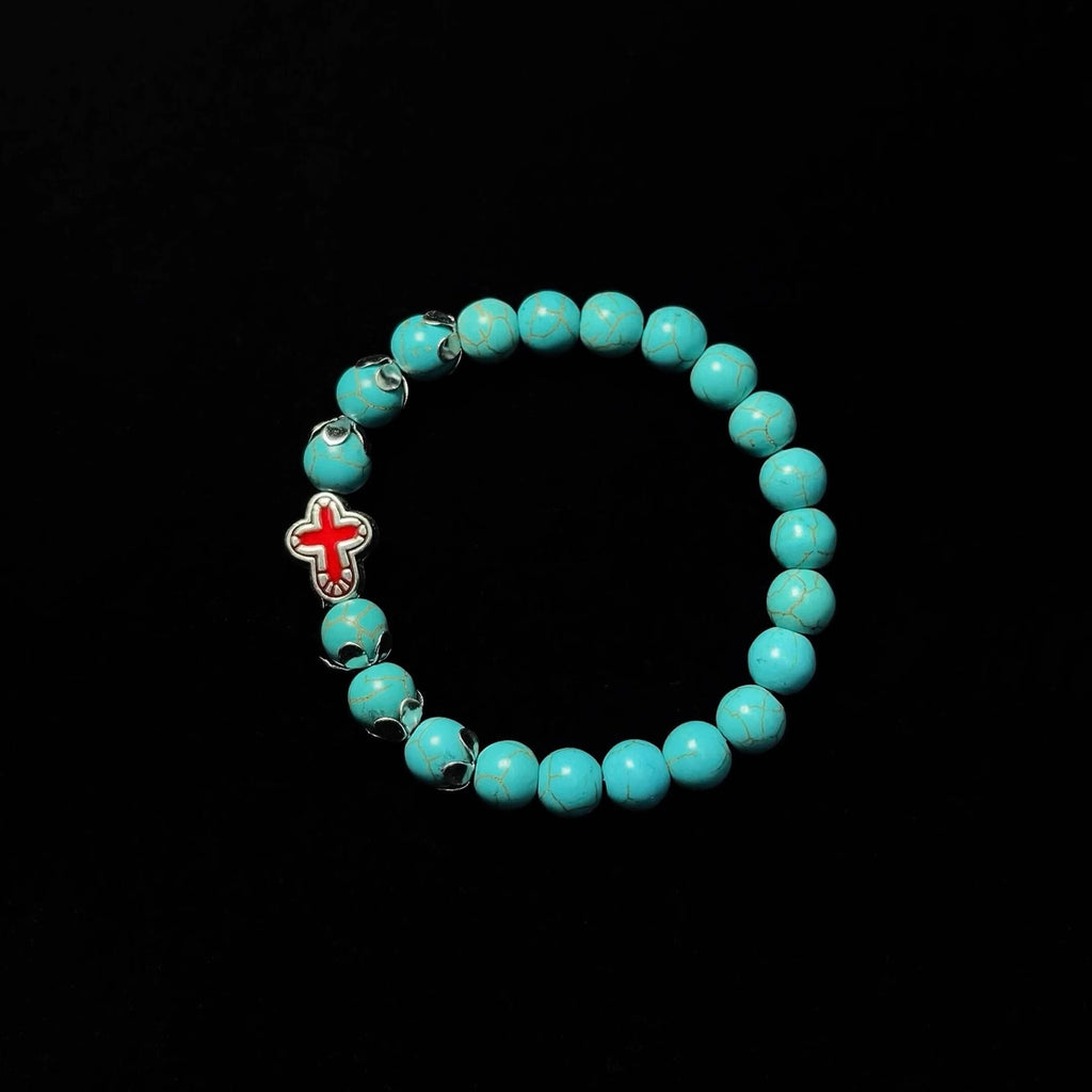Turquoise Cross Protection Bracelet - Stretchable Natural Stone Beads Bracelet for Men & Women