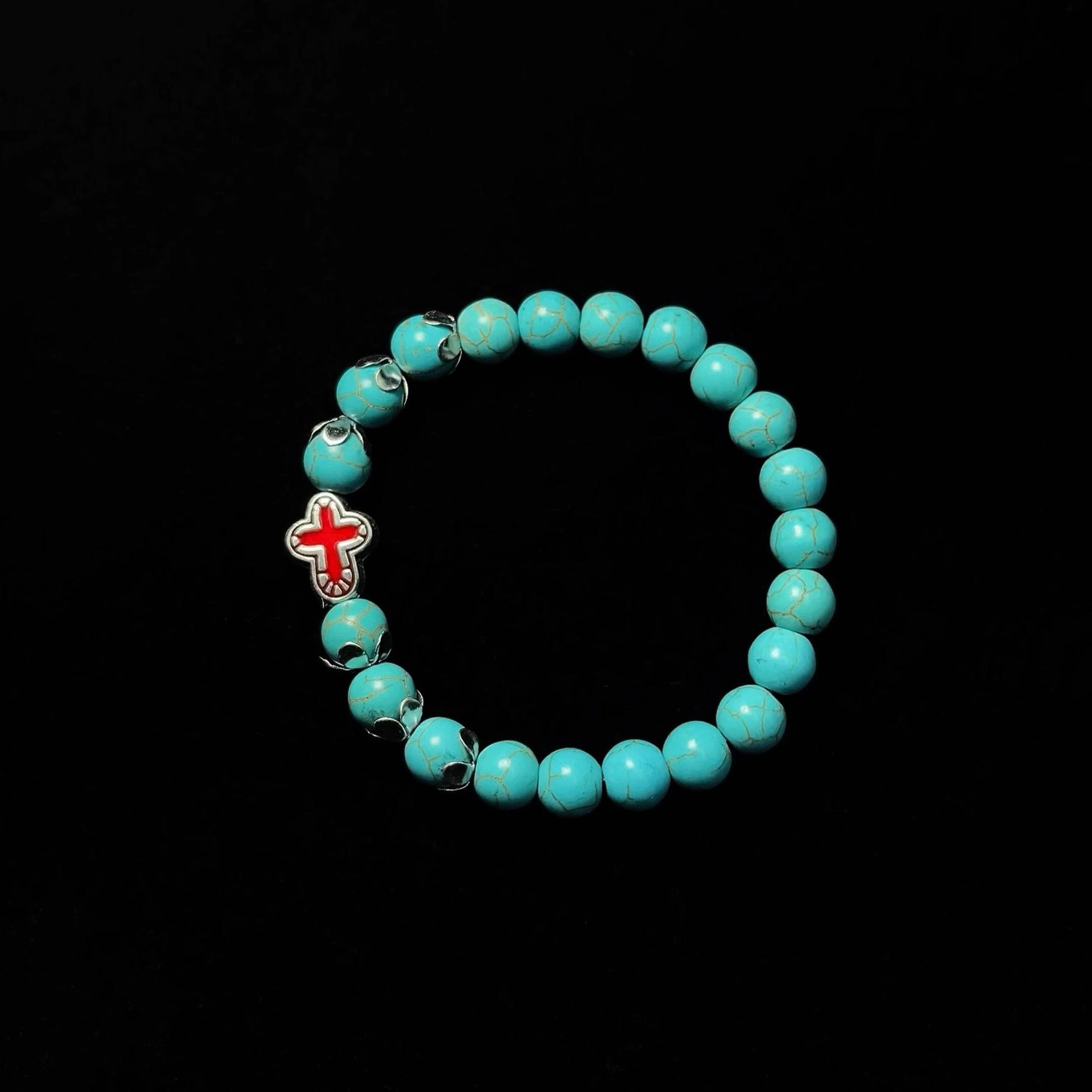 Turquoise Cross Protection Bracelet - Stretchable Natural Stone Beads Bracelet for Men & Women