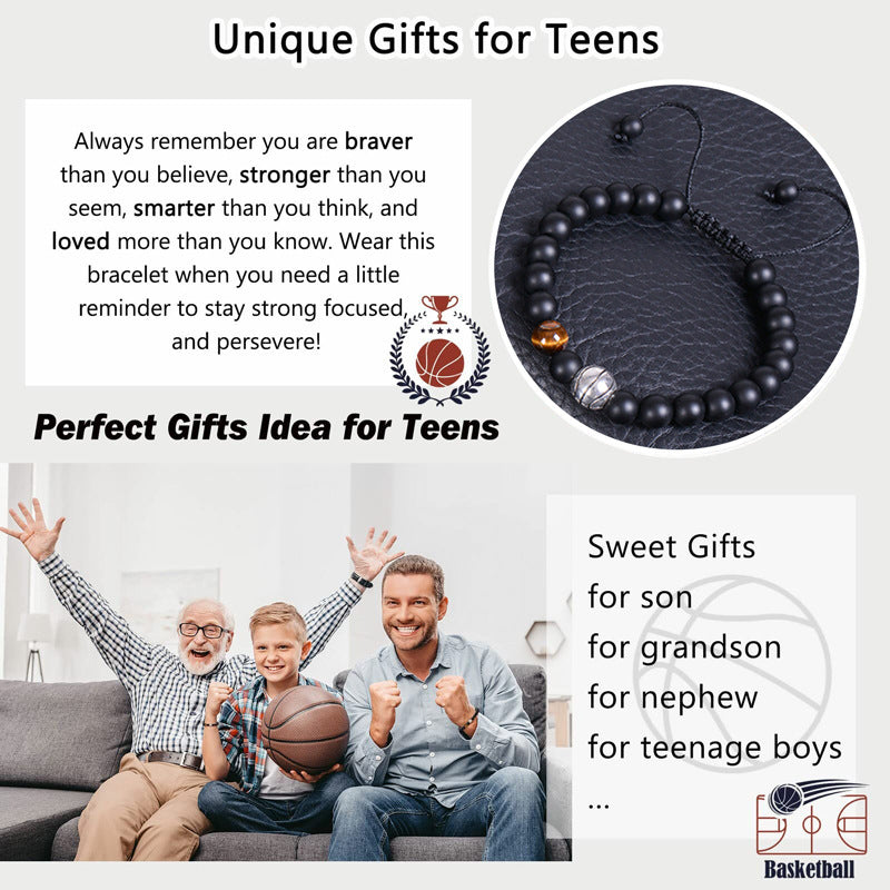 Men's Sports Bracelet with Tiger Eye - Adjustable Black Bead String Bracelet for Basketball Soccer Tennis Players, Gift for Him