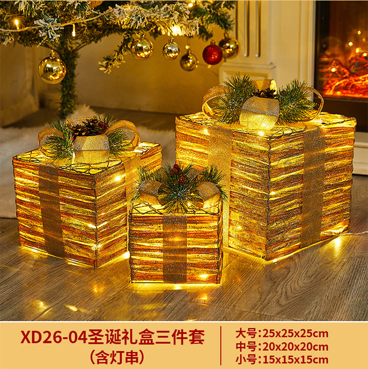 Christmas Decoration Iron Art Gift Box with Lights, Three-Piece Set Gift Box for Under the Christmas Tree Decoration