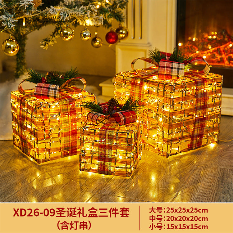 Christmas Decoration Iron Art Gift Box with Lights, Three-Piece Set Gift Box for Under the Christmas Tree Decoration