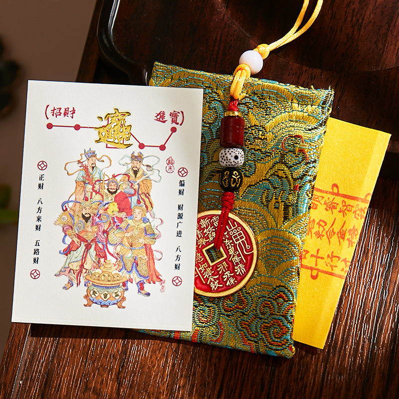 5 Wealth Gods Blessing Set - Phone Sticker & Fortune Talisman Pouch, Chinese Traditional Wealth Amulet for Business/Success
