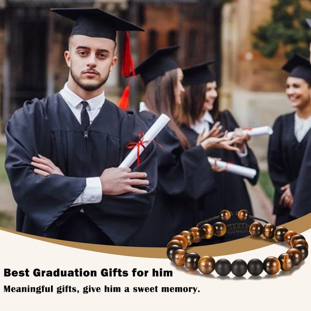 The Adventure Begins" Graduation Bracelet for Men - Tiger's Eye & Lava Stone Bead Bracelet, Gift for Grads