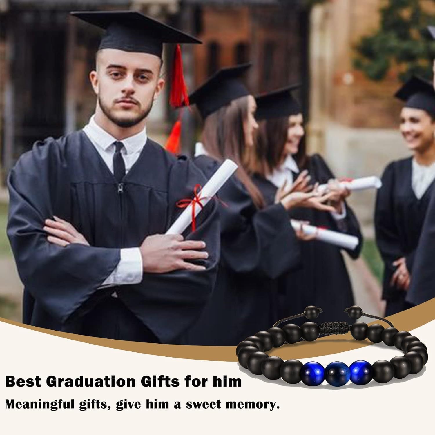 The Adventure Begins" Graduation Bracelet for Men - Tiger's Eye & Lava Stone Bead Bracelet, Gift for Grads