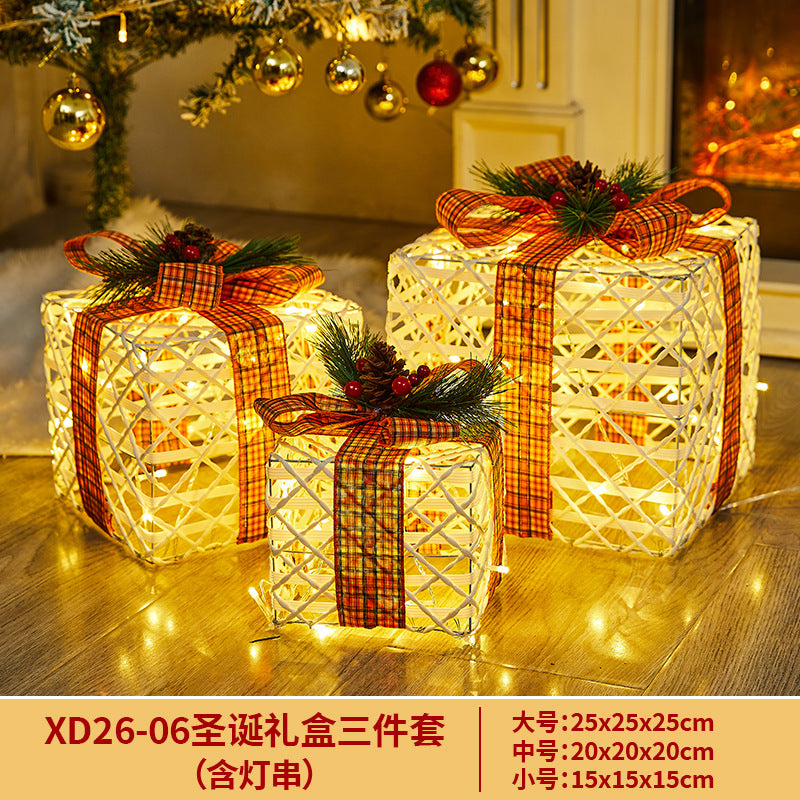 Christmas Decoration Iron Art Gift Box with Lights, Three-Piece Set Gift Box for Under the Christmas Tree Decoration