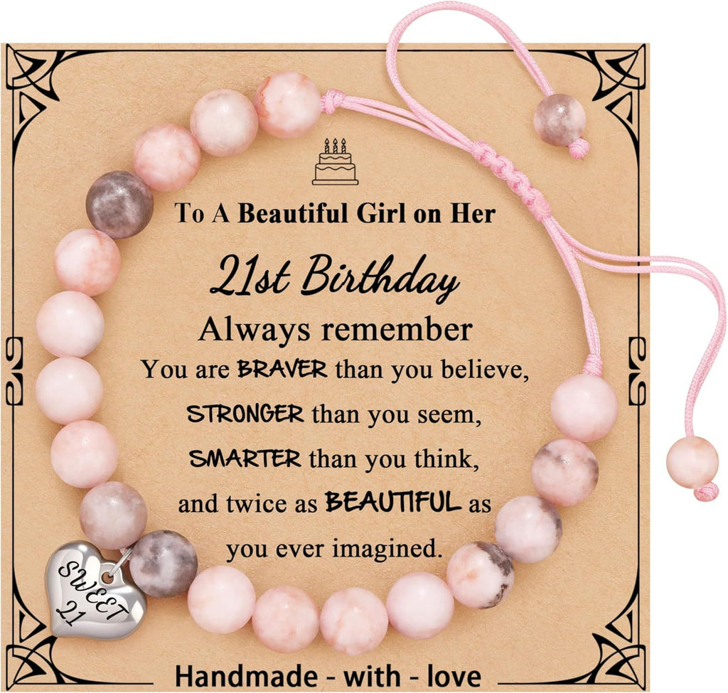 Sweet 18 Birthday Bracelet for Daughter - Personalized Heart Pink Zebra Stone adjustable Gift for 18th Birthday