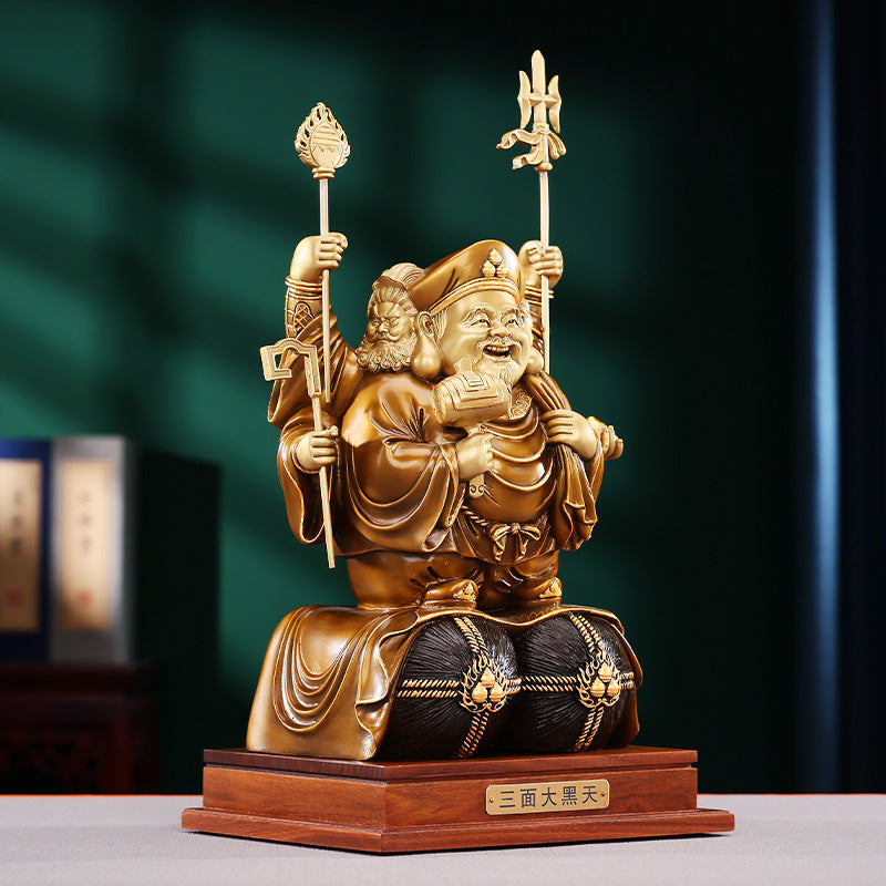 Brass Color-Cut Gold Large Three-Sided Black Heavenly God of Wealth Bronze Statue Home Decoration Craft Ornament