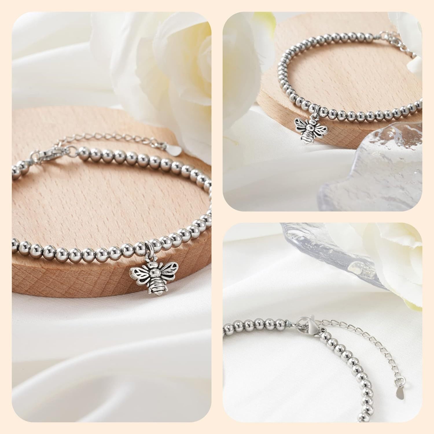 Bee, Elephant & Ladybug Charm Bracelet - Sterling Silver Plated Inspirational Gift for Women