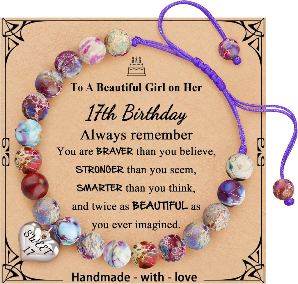 Sweet 18 Birthday Bracelet for Daughter - Personalized Heart Pink Zebra Stone adjustable Gift for 18th Birthday