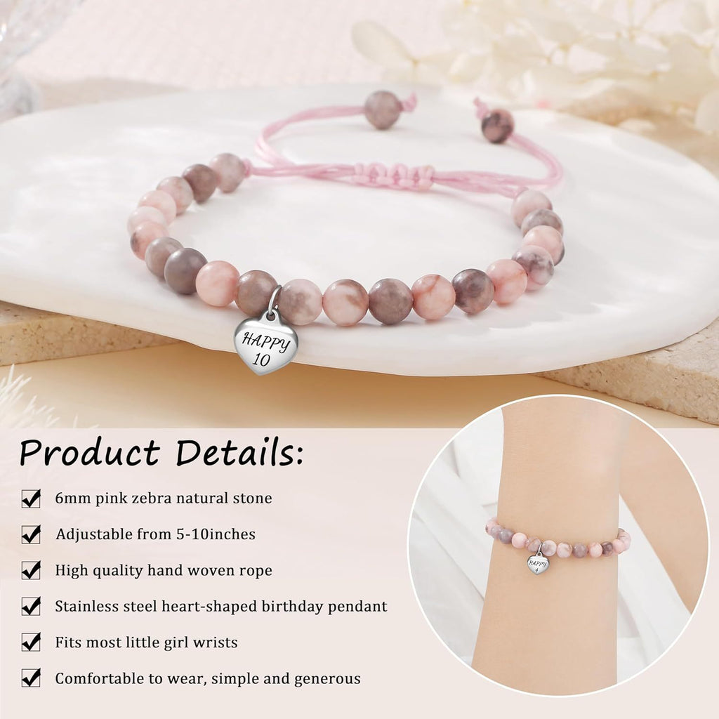 Sweet 18 Birthday Bracelet for Daughter - Personalized Heart Pink Zebra Stone adjustable Gift for 18th Birthday
