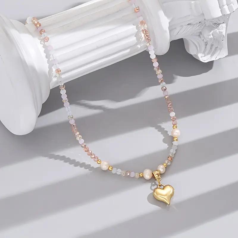 Natural Pearl & Crystal Heart Necklace - Dainty Gold Pendant Choker for Women, Elegant Gift