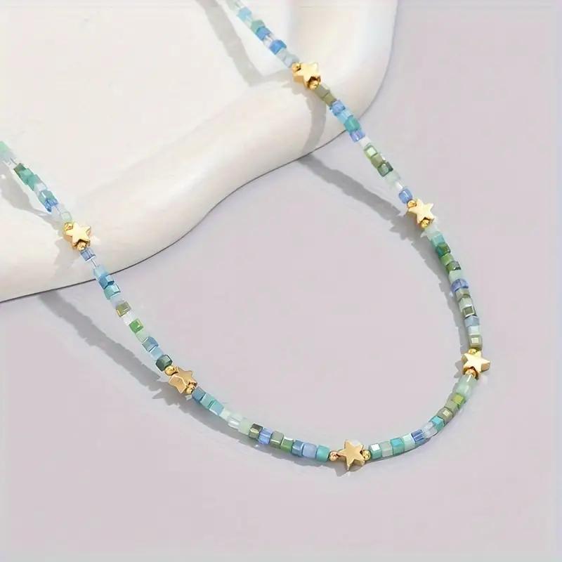 Bohemian Star Seed Bead Necklace - Retro Blue Green Gold Star Pendant Choker for Women
