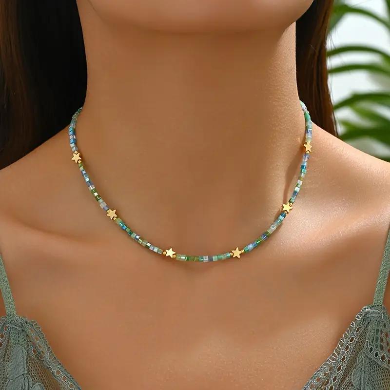 Bohemian Star Seed Bead Necklace - Retro Blue Green Gold Star Pendant Choker for Women