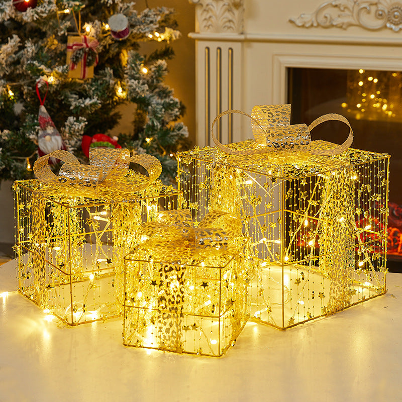 Christmas Decoration Glowing Gift Box Under the Christmas Tree Star Hollow Iron Art Gift Box Window Display Gift Box Ornament