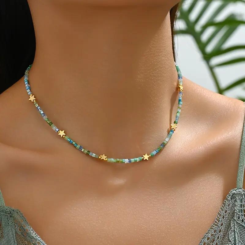 Bohemian Star Seed Bead Necklace - Retro Blue Green Gold Star Pendant Choker for Women