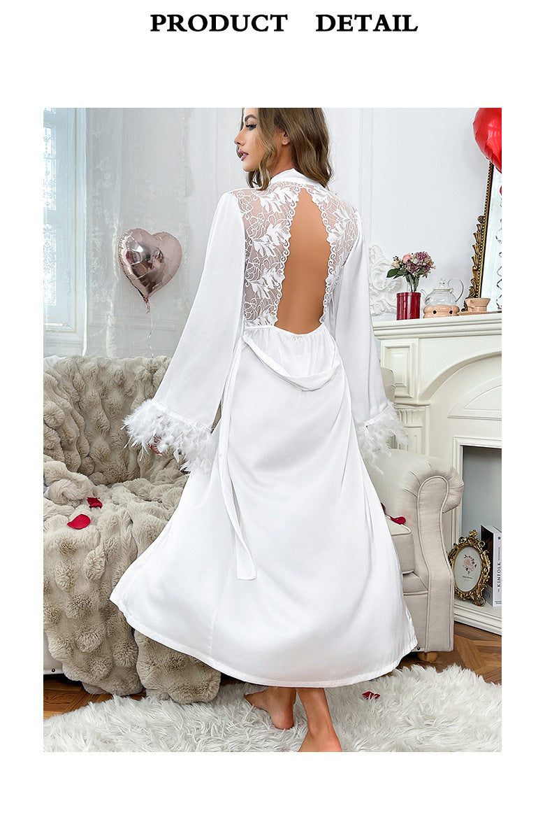 European and American Style Long Nightgown Lace Satin Patchwork Furry Cuffs Sexy Backless Loungewear Pajamas for Women809