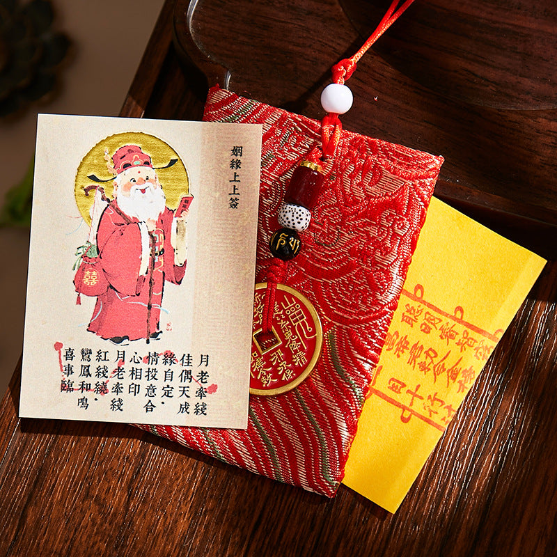 Matchmaker Yue Lao Blessing Set - Phone Sticker & Red String Talisman Pouch, Chinese Love Attraction Amulet for Relationship