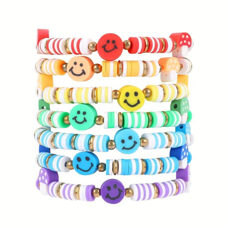 Kids Polymer Clay Bracelet Set - Smiley Face & Mushroom Adjustable Bracelets for Girls Boys, Fun Party Favors