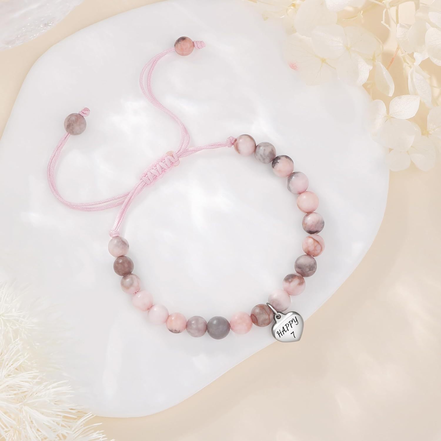 Sweet 18 Birthday Bracelet for Daughter - Personalized Heart Pink Zebra Stone adjustable Gift for 18th Birthday