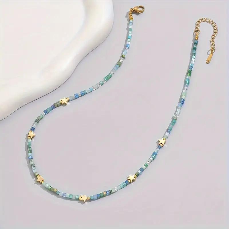 Bohemian Star Seed Bead Necklace - Retro Blue Green Gold Star Pendant Choker for Women