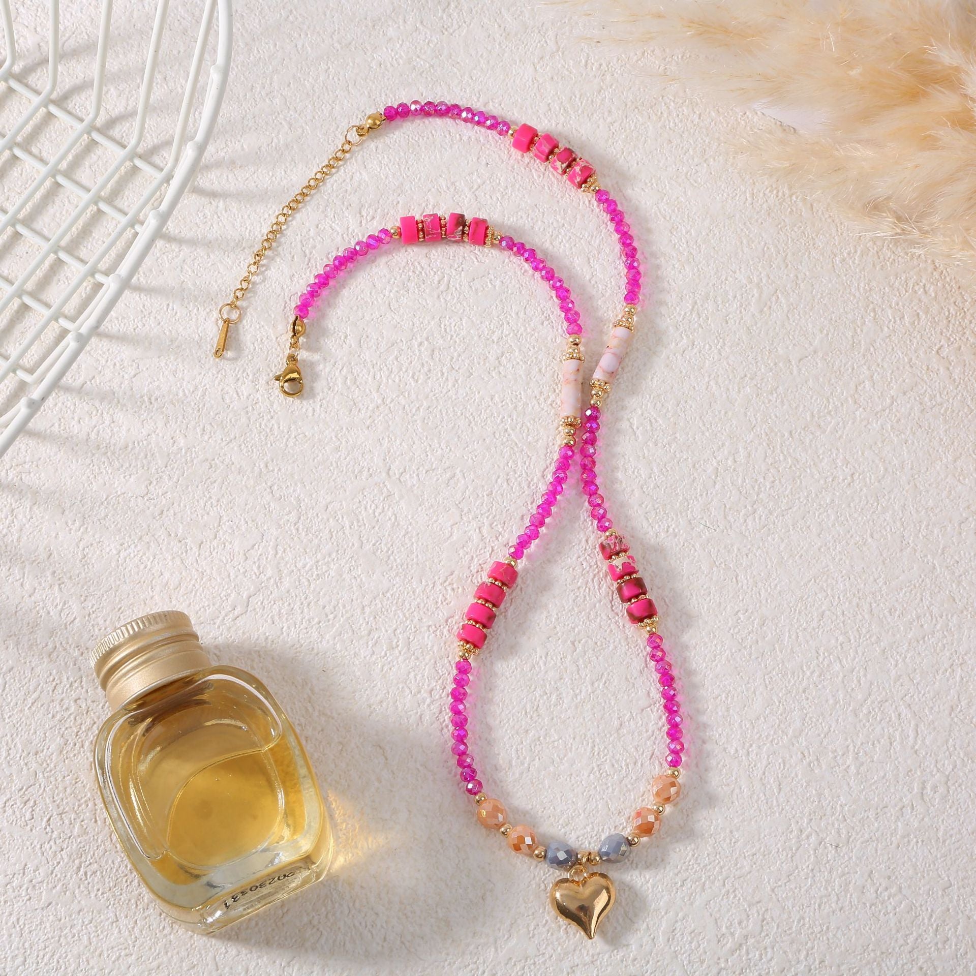 Love & Scent Gift Set - Crystal Heart Beaded Necklace with Perfume, Romantic Present for Her