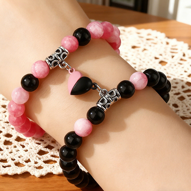 Natural Stone Energy Bracelets Set - Minimalist Stretch Bracelet with Heart Magnetic Clasp for Women (2 Pcs)