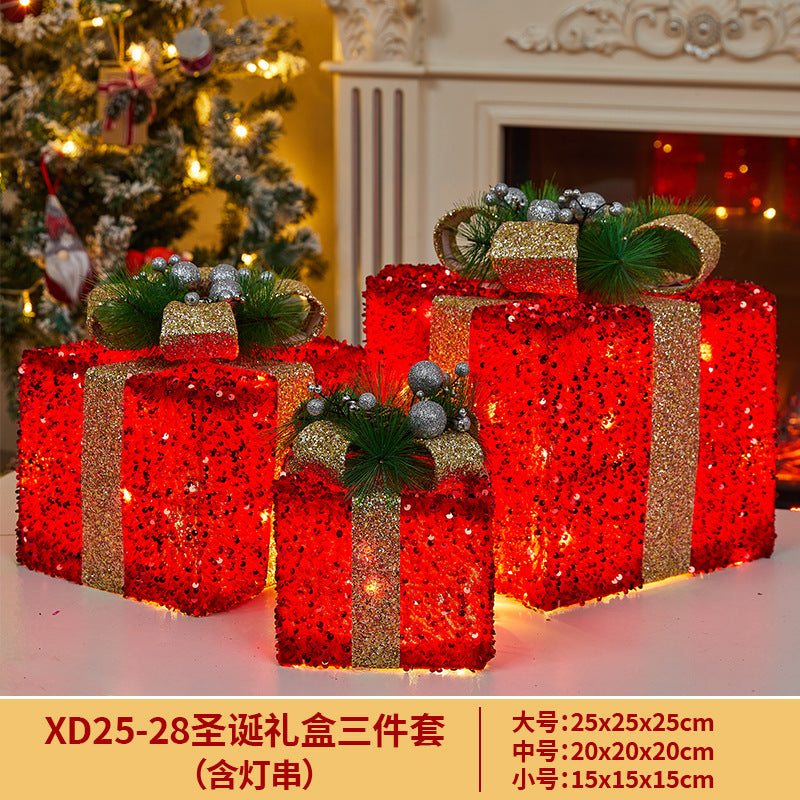 Christmas Decoration Iron Art Lighted Gift Box Window Display Glowing Gift Box Three-Piece Set Christmas Tree Decoration Ornament